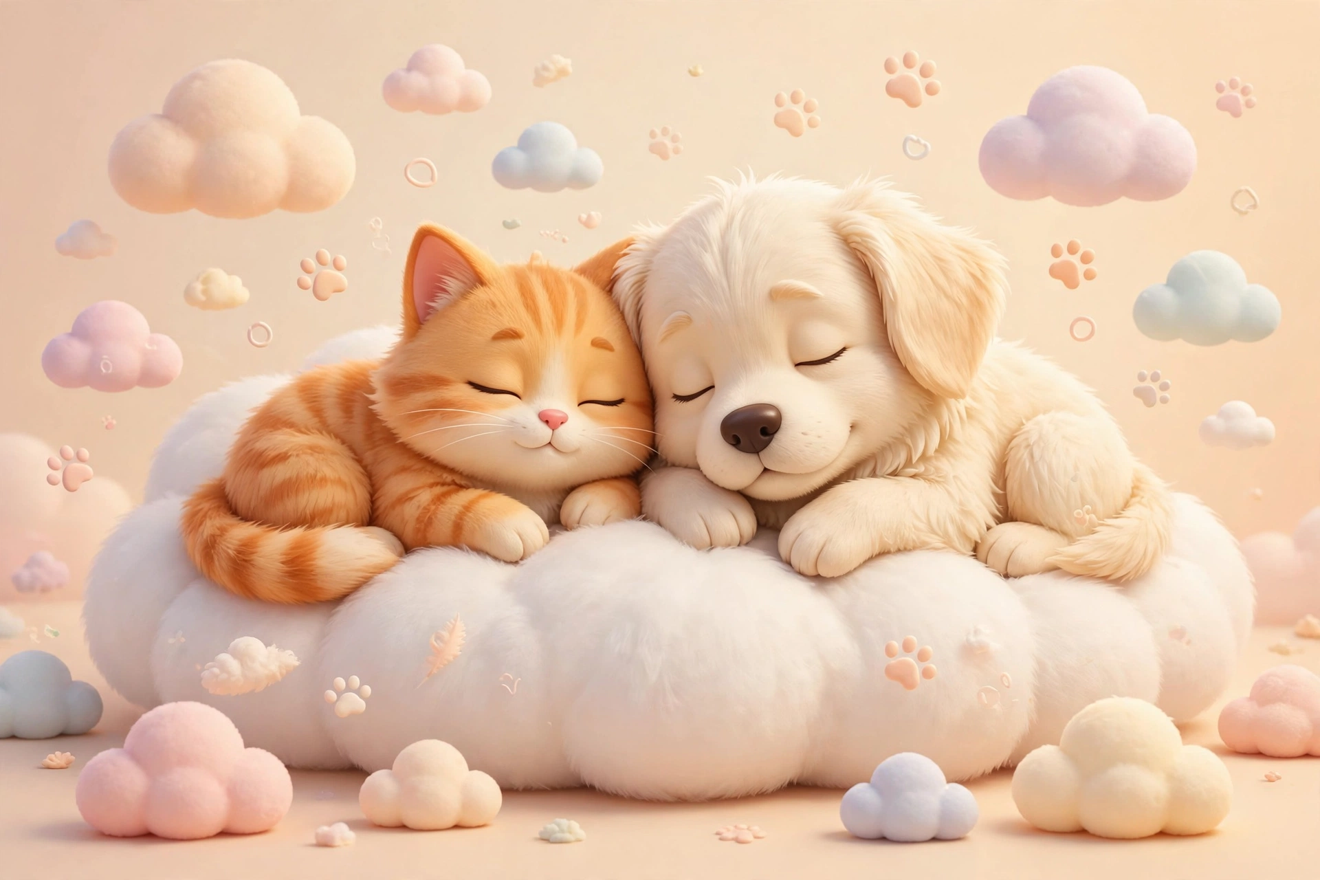 A fluffy puppy and kitten cuddled together asleep on a soft cloud