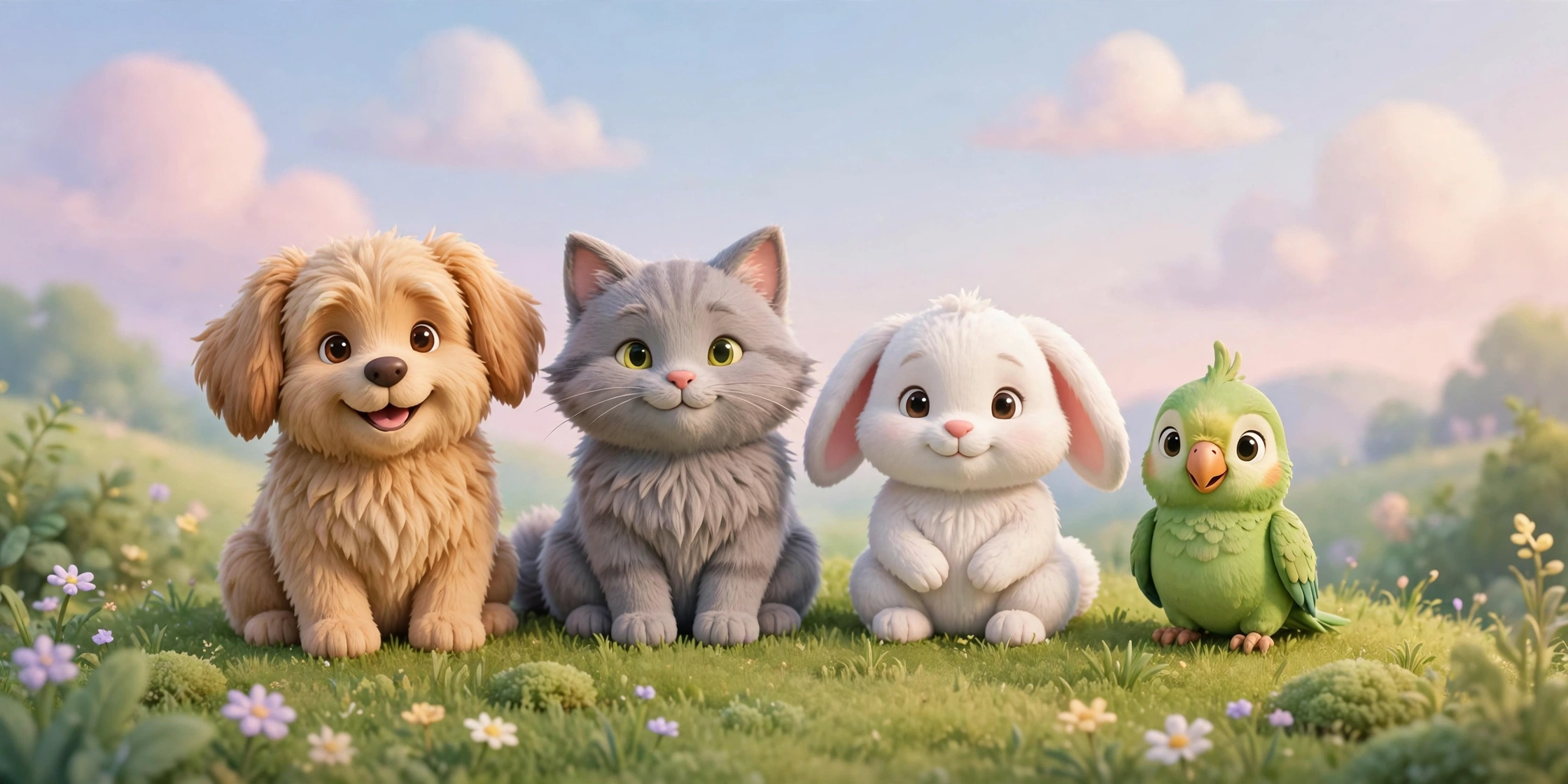 A fluffy dog, cat, bunny, and parrot sitting together on a grassy hill